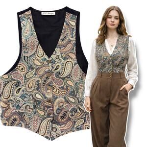 Vtg 90s Jeri Marque Tapestry Vest Size Large Paisley Victorian Gothic Preppy